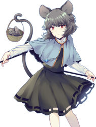 Rule 34 | 1girl, animal ears, basket, black skirt, black vest, blue capelet, capelet, dowsing rod, feet out of frame, grey hair, holding, holding basket, holding with tail, jewelry, looking at viewer, mouse (animal), mouse ears, mouse tail, nazrin, pendant, prehensile tail, red eyes, shirt, short hair, simple background, skirt, skirt set, solo, tail, touhou, uranaishi (miraura), vest, white background, white shirt