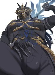 Rule 34 | 1boy, abs, arm up, armored gloves, bara, belt chain, black hair, black pants, bulge, capitano (genshin impact), chain, compression shirt, genshin impact, gold trim, highres, holding, holding sword, holding weapon, jacket, jojona, jojorice52, large pectorals, layered clothes, looking at viewer, male focus, mask, muscular, muscular male, pants, pectorals, shirt, solo, spiked helmet, sword, watermark, weapon, white background