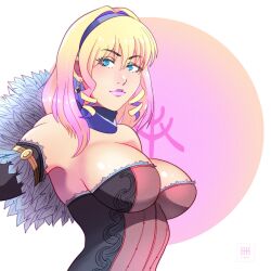 Rule 34 | 1girl, blonde hair, blue choker, blue eyes, blue hairband, breasts, choker, circle, commentary, constance von nuvelle, detached sleeves, dress, drill hair, drill sidelocks, earrings, fire emblem, fire emblem: three houses, fire emblem warriors: three hopes, gradient hair, hairband, highres, ihsnet, jewelry, large breasts, looking at viewer, medium hair, multicolored hair, nintendo, official alternate costume, official alternate hairstyle, pink hair, pink lips, sidelocks, smile, solo, strapless, strapless dress, upper body, white background