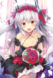 Rule 34 | 1girl, arm garter, azur lane, bad id, bad pixiv id, bare shoulders, black dress, black gloves, blush, bouquet, bow, breasts, cleavage, closed mouth, collarbone, dress, dress bow, floating hair, flower, gloves, hair between eyes, hair ornament, hair ribbon, halterneck, headgear, holding, holding bouquet, light particles, long hair, looking at viewer, low wings, maruchan., no bra, open mouth, petals, red eyes, ribbon, rose, sidelocks, silver hair, silver wings, small breasts, smile, solo, standing, teeth, tiara, twintails, underwear, upper teeth only, vampire (azur lane), vampire (eloi&#039;s blessing) (azur lane), very long hair, wind, wings