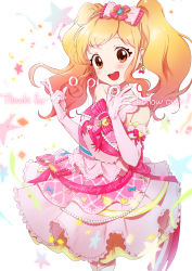 Rule 34 | 1girl, :d, absurdres, aikatsu! (series), aikatsu stars!, beamed eighth notes, blonde hair, blue bow, blush, bow, bow earrings, brown eyes, confetti, cowboy shot, dress, earrings, eighth note, elbow gloves, english text, floral print, frilled dress, frills, gem, gloves, gradient hair, hair bow, hairband, heart, heart earrings, highres, idol, jewelry, milestone celebration, multicolored hair, musical note, nijino yume, ok sign, open mouth, pearl (gemstone), pearl hair ornament, pink bow, pink dress, pink gloves, pink hair, simple background, sleeveless, sleeveless dress, smile, solo, star (symbol), supersaiazin-kanako, thank you, treble clef, twintails, white background