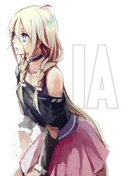 Rule 34 | 1girl, bare shoulders, blonde hair, blue eyes, braid, choker, crimsonseed, ia (vocaloid), long hair, off shoulder, simple background, skirt, solo, twin braids, vocaloid