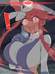 Rule 34 | !, 1girl, absurdres, alpha pokemon, alternate breast size, arm at side, blue gloves, blue jacket, blush, breasts, chest harness, commentary request, crazy eyes, crazy smile, creatures (company), crop top, cropped jacket, day, female focus, game freak, gameplay mechanics, gloves, glowing, glowing eyes, hair between eyes, hair ornament, hand on own cheek, hand on own face, hand up, harness, highres, huge breasts, impossible clothes, impossible jacket, index finger raised, jacket, kurachi mizuki, long hair, long sleeves, looking at viewer, night, night sky, nintendo, one side up, open mouth, outdoors, pokemon, pokemon bw, pokemon legends: arceus, red eyes, red hair, short hair with long locks, sidelocks, sky, skyla (pokemon), smile, solo, star (sky), starry sky, stomach, sweat, tan, turtleneck, turtleneck jacket, unaligned breasts, upper body, user interface, wide-eyed