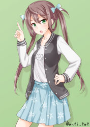 Rule 34 | 10s, 1girl, anti (untea9), arm up, asagumo (kancolle), blush, brown hair, commentary request, green eyes, hair ribbon, hand on own hip, highres, jacket, kantai collection, long hair, looking at viewer, open mouth, ribbon, skirt, solo, twintails