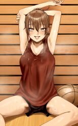 Rule 34 | 1girl, absurdres, armpits, arms behind head, arms up, ball, basketball, basketball (object), basketball uniform, blush, breasts, brown hair, groin tendon, gym, gym uniform, hair between eyes, hair bun, highres, large breasts, looking at viewer, mole, mole on thigh, on floor, original, presenting armpit, red eyes, school uniform, shan9uli4, short shorts, shorts, sidelocks, sitting, sportswear, spread legs, steam, steaming body, sweat, sweat stain, sweaty clothes, tank top, tongue, tongue out, very sweaty