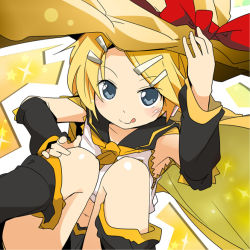Rule 34 | 1girl, :q, blonde hair, blue eyes, box, hair ornament, hairclip, in box, in container, ixy, kagamine rin, looking at viewer, short hair, smile, solo, tongue, tongue out, vocaloid