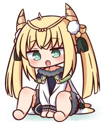 Rule 34 | 1girl, :o, barefoot, between legs, blonde hair, blouse, blush, character request, chibi, commentary request, full body, fur trim, green eyes, hana kazari, hand between legs, highres, horns, knees up, long hair, looking at viewer, merc storia, open mouth, shirt, sitting, solo, symbol-shaped pupils, twintails, very long hair, white background, white shirt