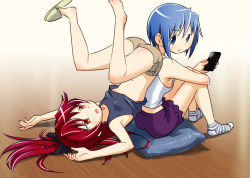 Rule 34 | 10s, 2girls, back-to-back, blue hair, bow, casual, cellphone, hair bow, hair ornament, highres, hugging own legs, legs, long hair, looking at another, looking back, mahou shoujo madoka magica, mahou shoujo madoka magica (anime), midriff, miki sayaka, multiple girls, on floor, open mouth, phone, pillow, ponytail, red eyes, red hair, sakura kyoko, sat-c, short hair, shorts, sitting, smartphone, socks, thighs, upside-down