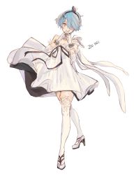 Rule 34 | 1girl, bad id, bad pixiv id, bare shoulders, blue eyes, blue hair, blush, bow, bracelet, character name, commentary, covering own mouth, detached sleeves, dress, girls&#039; frontline, gloves, hair ornament, hairclip, hands up, high heels, jewelry, layered skirt, miyajo, official alternate costume, one eye covered, short hair, simple background, skirt, solo, thighhighs, white dress, white footwear, white gloves, white thighhighs, zas m21 (girls&#039; frontline), zas m21 (white queen) (girls&#039; frontline)