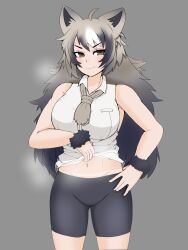 Rule 34 | &gt;:), 1girl, absurdres, ahoge, alternate hairstyle, animal ears, bare arms, bare shoulders, bear ears, bike shorts, black hair, black shorts, breasts, brown eyes, closed mouth, clothes lift, collared shirt, cowboy shot, ezo brown bear (kemono friends), fur cuffs, grey background, grey hair, hair down, hand on own hip, highres, kemono friends, large breasts, lifted by self, long hair, midriff peek, multicolored hair, nanoder, navel, no skirt, parted bangs, school uniform removed, shirt, shirt lift, shorts, simple background, skirt, sleeveless, sleeveless shirt, smile, smug, solo, steaming body, stomach, taut clothes, taut shirt, uniform removed, unworn skirt, v-shaped eyebrows, very long hair, white hair, white shirt, wing collar