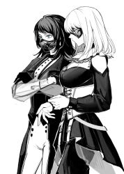 Rule 34 | 2girls, bang dream!, bang dream! it&#039;s mygo!!!!!, blue eyes, breasts, closed mouth, clothing cutout, coat, commentary, corset, crossed arms, deerwhisky, gloves, greyscale, long hair, long sleeves, mask, masquerade mask, medium breasts, medium hair, misumi uika, monochrome, mouth mask, multiple girls, pants, purple eyes, shoulder cutout, simple background, skirt, spot color, yahata umiri