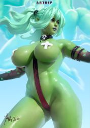 Rule 34 | 1girl, absurdres, areola slip, armlet, artnip, ass, between breasts, black gloves, breasts, choker, colored skin, commentary, crotch strap, dark areolae, death prophet (dota), dota (series), dota 2, elbow gloves, english commentary, eyeshadow, gloves, green eyes, green hair, green skin, high ponytail, highres, krobelus, large breasts, light green hair, lips, lipstick, long hair, looking afar, makeup, nose, pasties, pointy ears, ponytail, purple lips, realistic, revealing clothes, skindentation, skull choker, tape, tape on nipples, thick eyebrows, thighhighs, upper body, wide hips