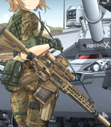 Rule 34 | 1girl, assault rifle, battle rifle, black thighhighs, blonde hair, breasts, camouflage, caterpillar tracks, commentary request, from side, gloves, green gloves, gun, gun sling, head out of frame, highres, m1 abrams, magazine (weapon), mc axis, medium breasts, medium hair, mikeran (mikelan), military, military vehicle, motor vehicle, multicolored pants, outdoors, pants, rifle, scope, short sleeves, sig mcx, smile, solo, suppressor, tank, thighhighs, watch, weapon, weapon request, wristwatch, xm7 rifle