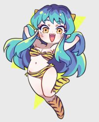 1girl animal_print bikini boots chibi green_hair grey_background hands_in_hair heiyellmi horns long_hair lum navel oni open_mouth orange_eyes pointy_ears sidelocks smile strapless strapless_bikini swimsuit tiger_print urusei_yatsura yellow_boots