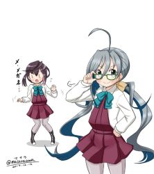 Rule 34 | 2girls, 3 3, ahoge, artist name, bespectacled, black hair, blue-framed eyewear, boots, cowboy shot, cross-laced footwear, dated, glasses, grey eyes, grey hair, grey legwear, hair between eyes, halterneck, kantai collection, kiyoshimo (kancolle), lace-up boots, low twintails, masara (chuujou), multicolored hair, multiple girls, no eyewear, okinami (kancolle), pantyhose, pink hair, school uniform, shirt, short hair, simple background, twintails, twitter username, white background, white shirt