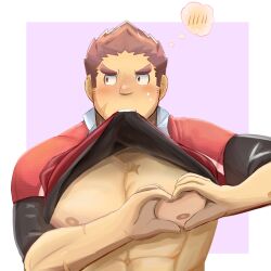 Rule 34 | 1boy, abs, absurdres, averting eyes, bara, bare pectorals, clothes in mouth, facial hair, facial scar, goatee, heart, heart-shaped boob challenge, heart hands, highres, konpei daidai, large pectorals, lifted by self, long sideburns, male focus, mouth hold, muscular, muscular male, nervous sweating, nipples, pectorals, rugby uniform, scar, scar on cheek, scar on face, shirt in mouth, short hair, shy, sideburns, sideburns stubble, solo, spoken blush, sportswear, stubble, sweat, tamamura gunzo, thick eyebrows, tokyo houkago summoners, upper body, v-shaped eyebrows