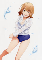 Rule 34 | 1girl, :d, absurdres, bare legs, blue one-piece swimsuit, breasts, brown hair, cleavage, collarbone, dress shirt, highres, isshiki iroha, long sleeves, looking at viewer, lower teeth only, medium breasts, official art, one-piece swimsuit, one eye closed, open clothes, open mouth, open shirt, scan, school swimsuit, see-through, shirt, sidelocks, simple background, smile, solo, swimsuit, teeth, thigh gap, thighs, upper teeth only, water drop, wet, wet clothes, white background, wringing, wringing clothes, yahari ore no seishun lovecome wa machigatteiru., yellow eyes