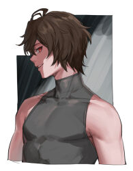 Rule 34 | 1boy, ahoge, bare shoulders, brown hair, commentary, commentary request, empty eyes, evil smile, from side, granblue fantasy, grey background, grey shirt, hair between eyes, highres, looking at viewer, male focus, messy hair, multicolored background, parted lips, portrait, red eyes, sandalphon (granblue fantasy), shirt, short hair, sleeveless, sleeveless turtleneck, smile, solo, tekki (tki), turtleneck, white background
