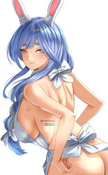 Rule 34 | 1girl, absurdres, animal ear fluff, animal ears, apron, ass, bare shoulders, blue hair, bow, braid, braided ponytail, breasts, hair bow, hair over shoulder, highres, hololive, large breasts, long hair, looking at viewer, mature female, mismatched sclera, multicolored hair, naked apron, nathosf, orange eyes, pekomama, rabbit ears, rabbit girl, short eyebrows, sideboob, smile, solo, streaked hair, virtual youtuber, white hair