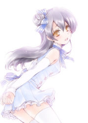 Rule 34 | 10s, 1girl, bare shoulders, blue hair, bow, brown eyes, detached sleeves, dress, fujieda miyabi, hair bow, hair ribbon, highres, long hair, love live!, love live! school idol festival, love live! school idol project, neck ribbon, open mouth, ribbon, solo, sonoda umi, striped bow, striped ribbon, thighhighs, white thighhighs