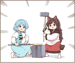 Rule 34 | 2girls, animal ears, blue hair, blue vest, brown hair, commentary request, cross-laced clothes, dress, emphasis lines, forge, full body, glowing hot, hammer, holding, holding hammer, imaizumi kagerou, juliet sleeves, kneeling, long hair, long sleeves, multiple girls, poronegi, puffy sleeves, red dress, shirt, short hair, simple background, socks, standing, tail, tatara kogasa, touhou, two-tone dress, vest, white background, white dress, white shirt, white socks, wolf ears, wolf girl, wolf tail