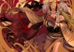 Rule 34 | 1girl, bare shoulders, blonde hair, claws, fate/grand order, fate (series), female focus, giant hand, horns, ibaraki douji (fate), japanese clothes, kimono, long hair, looking at viewer, off shoulder, oni, oni horns, peperon (peperou), peperou, pointy ears, short kimono, solo, wide sleeves, yellow eyes, yellow kimono