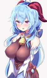 Rule 34 | 1girl, ahoge, baram, bare shoulders, bell, blue hair, blush, bow, breasts, breasts squeezed together, chinese knot, covered erect nipples, detached sleeves, flower knot, ganyu (genshin impact), genshin impact, gold trim, highres, horns, large breasts, long hair, looking at viewer, neck bell, parted lips, purple eyes, sidelocks, smile, solo, upper body, vision (genshin impact), white background, white sleeves