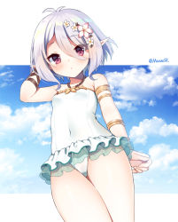Rule 34 | 1girl, antenna hair, arm at side, arm behind head, arm up, armlet, bare shoulders, blue sky, blush, breasts, closed mouth, cloud, cloudy sky, collarbone, commentary, covered navel, day, flower, frilled swimsuit, frills, green one-piece swimsuit, hair between eyes, hair flower, hair ornament, halterneck, kokkoro (princess connect!), kokkoro (summer) (princess connect!), looking at viewer, mauve, one-piece swimsuit, pink flower, pointy ears, princess connect!, red eyes, see-through, silver hair, sky, small breasts, solo, swimsuit, thighs, tsurime, twitter username, white flower