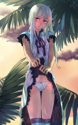 Rule 34 | 1girl, bad id, bad pixiv id, bliss (ferment factory), blue eyes, blush, bow, bow panties, clothes lift, dress, dress lift, frills, gathers, highres, leaf, original, panties, ribbon, solo, sunset, thighhighs, underwear, wet, wet clothes, wet hair, white hair