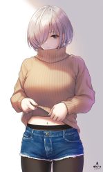 Rule 34 | 1girl, artist logo, black pantyhose, breasts, brown sweater, closed mouth, clothes lift, commentary request, cowboy shot, denim, denim shorts, hair over one eye, high collar, highres, infinote, large breasts, lifted by self, long sleeves, looking at viewer, midriff peek, navel, original, pantyhose, pantyhose under shorts, pink hair, ribbed sweater, sashou mihiro (infinote), short hair, short shorts, shorts, signature, simple background, solo, stomach, sweater, sweater lift