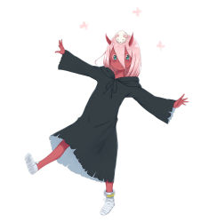 Rule 34 | 10s, 1girl, animal, animal on head, bandaged foot, bandages, black robe, blush, closed mouth, colored skin, commentary request, darling in the franxx, fingernails, green eyes, hair between eyes, hood, hood down, hooded robe, horns, long hair, long sleeves, looking at viewer, mouse (animal), on head, pink hair, red skin, robe, rumaki, smile, solo, spoilers, standing, standing on one leg, white background, wide sleeves, zero two (darling in the franxx)
