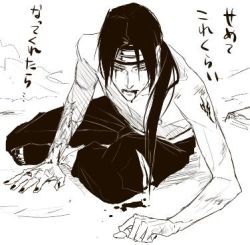 Rule 34 | 1boy, blood, full body, greyscale, lily (artist), lowres, male focus, monochrome, naruto, naruto (series), topless male, solo, uchiha itachi