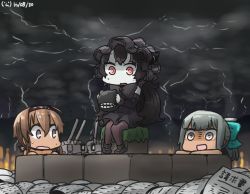 Rule 34 | 10s, 3girls, :d, abyssal ship, ahoge, black hair, blurry, bow, brick, brown hair, chibi, chou-10cm-hou-chan (teruzuki&#039;s), cloud, cloudy sky, colored skin, commentary request, dated, depth of field, detached sleeves, enemy aircraft (kancolle), fire, gothic lolita, hachimaki, hair bow, hair ribbon, hairband, hamu koutarou, headband, holding, horns, isolated island oni, kantai collection, lolita fashion, lolita hairband, long hair, machinery, multiple girls, open mouth, pantyhose, peeking out, red eyes, ribbon, shaded face, short hair, grey eyes, silver hair, sitting, sky, smile, sweat, tan, teruzuki (kancolle), thunder, translation request, tribal, turret, white skin, yuubari (kancolle)