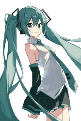 Rule 34 | 1girl, aqua eyes, aqua hair, aqua necktie, bare shoulders, black skirt, black sleeves, breasts, closed mouth, collared shirt, cowboy shot, detached sleeves, grey shirt, hair between eyes, hair ornament, hatsune miku, headphones, highres, light blush, long hair, looking at viewer, necktie, pleated skirt, rakugaki ningen, shirt, skirt, sleeveless, sleeveless shirt, small breasts, smile, solo, twintails, very long hair, vocaloid, white background, wide sleeves