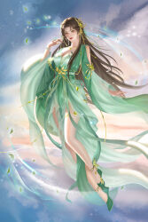 Rule 34 | 1girl, absurdres, artist request, baiguio (zhu xian), bracelet, brown hair, closed mouth, dress, earrings, expressionless, facial mark, falling leaves, floating, forehead mark, full body, green dress, green footwear, hair ornament, highres, jewelry, leaf, long hair, necklace, second-party source, solo, thighhighs, white thighhighs, wind, zhu xian