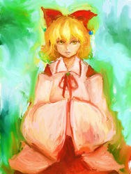 Rule 34 | 1girl, absurdres, bad id, bad pixiv id, blonde hair, bow, detached sleeves, gradient background, hair bow, hair ornament, hands in opposite sleeves, highres, light smile, lips, looking at viewer, oil painting (medium), painting (medium), ribbon, satsuki rin, short hair, sitting, solo, touhou, traditional media, ybth9190, yellow eyes