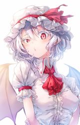 Rule 34 | 1girl, ascot, bat wings, blush, breasts, colored eyelashes, commentary request, darjeeling (reley), dress, hair between eyes, hat, hat ribbon, highres, looking at viewer, mob cap, puffy short sleeves, puffy sleeves, red ascot, red eyes, red ribbon, remilia scarlet, ribbon, short hair, short sleeves, silver hair, simple background, small breasts, solo, touhou, uneven eyes, upper body, white background, white dress, white hat, wing collar, wings