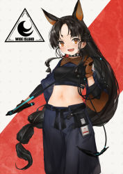 Rule 34 | 1girl, animal ears, arknights, black hair, black pants, blush, breasts, brown eyes, commentary request, cosplay, dobermann (arknights), dog ears, female focus, gloves, hair ornament, high ponytail, holding, holding whip, kantai collection, long hair, long sleeves, looking at viewer, midriff, navel, nisshin (kancolle), pants, ribbon, solo, toka (marchlizard), very long hair, whip