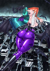 Rule 34 | 1girl, ass, back, backless outfit, bat (animal), blush, boots, breasts, capcom, city, curvy, demon girl, fingernails, from behind, green eyes, green hair, head wings, highres, huge ass, large breasts, leotard, long hair, looking at viewer, looking back, matching hair/eyes, morrigan aensland, nail polish, pantyhose, shiny clothes, shiny skin, smile, solo, soramin, thick thighs, thighs, thong, thong leotard, vampire (game), wide hips, wings