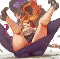 Rule 34 | 1girl, ass, book, breasts, brown eyes, brown hair, commentary, dragon&#039;s crown, hat, huge breasts, kazo (kazozakazo), legs up, long hair, looking at viewer, one eye closed, solo, sorceress (dragon&#039;s crown), thick thighs, thighs, witch hat