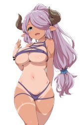 Rule 34 | 10s, 1girl, :d, alternate hairstyle, arm behind back, bare shoulders, bikini, blue bikini, blue eyes, bracelet, breasts, clearite, cleavage, collarbone, covered erect nipples, cowboy shot, dark-skinned female, dark skin, draph, granblue fantasy, hair between eyes, hair over one eye, horns, jewelry, large breasts, long hair, looking at viewer, low-tied long hair, low ponytail, narmaya (granblue fantasy), navel, one-piece tan, open mouth, pink hair, ponytail, purple hair, shiny skin, simple background, skindentation, smile, solo, standing, stomach, swimsuit, tan, tanline, underboob, very long hair, walking, white background
