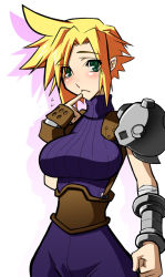 Rule 34 | 1990s (style), 1girl, asurin, blonde hair, blush, breasts, cloud strife, corset, female focus, final fantasy, final fantasy vii, finger to mouth, fingerless gloves, genderswap, genderswap (mtf), gloves, green eyes, index finger raised, large breasts, retro artstyle, ribbed sweater, short hair, shoulder pads, simple background, sleeveless, sleeveless turtleneck, solo, spiked hair, sweater, turtleneck, white background, wristband