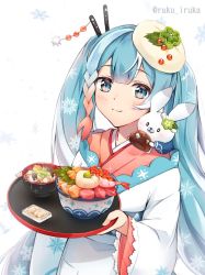 Rule 34 | 1girl, 1other, animal, animal on shoulder, blue eyes, blue hair, bowl, chopsticks, colored tips, commentary, fish (food), food, food-themed hair ornament, hair ornament, hair stick, hatsune miku, holding, holding tray, ikura (food), iluka (ffv7), japanese clothes, kimono, long hair, looking at viewer, multicolored hair, rabbit, rabbit yukine, red hair, roe, salmon, sashimi, scallop, seigaiha, shiso (plant), shrimp, smile, snowflake print, standing, tray, tuna, twintails, twitter username, two-tone hair, upper body, very long hair, vocaloid, wasabi, white kimono, yuki miku, yuki miku (2022) (candidate no.3)