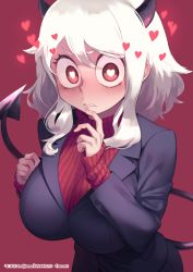 Rule 34 | 1girl, black horns, blush, breasts, bright pupils, demon girl, demon horns, demon tail, duplicate, formal, heart, heart-shaped pupils, helltaker, horns, huge breasts, impossible clothes, long sleeves, mochi (mochi444420), modeus (helltaker), pixel-perfect duplicate, red background, red eyes, red sweater, ribbed sweater, sidelocks, signature, simple background, solo, suit, sweater, symbol-shaped pupils, tail, turtleneck, turtleneck sweater, twitter username, white pupils