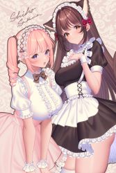 Rule 34 | 2girls, :d, animal ear fluff, animal ears, apron, black dress, blush, bow, breasts, brown bow, brown eyes, brown hair, center frills, closed mouth, commentary request, dress, frilled hairband, frills, hair bow, hairband, hand up, highres, large breasts, long hair, maid, maid headdress, medium breasts, multiple girls, open mouth, original, pink hair, pink hairband, pink skirt, pleated dress, puffy short sleeves, puffy sleeves, purple eyes, ringlets, sakura shiho, shirt, short sleeves, skirt, smile, suspender skirt, suspenders, twintails, very long hair, white apron, white shirt