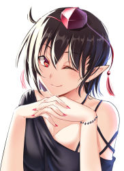 Rule 34 | 1girl, ;), alternate costume, bare shoulders, bead bracelet, beads, black hair, black shirt, blush, bracelet, breasts, casual, cleavage, commentary request, contemporary, ear piercing, fingernails, hair between eyes, hands up, hat, interlocked fingers, jewelry, koissa, large breasts, looking at viewer, nail polish, off-shoulder shirt, off shoulder, one-hour drawing challenge, one eye closed, own hands together, piercing, pointy ears, red eyes, red nails, shameimaru aya, sharp fingernails, shirt, short hair, simple background, smile, solo, tassel, tokin hat, touhou, upper body, white background