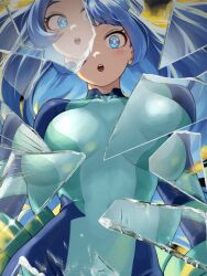 Rule 34 | 1girl, :o, blonde hair, blue bodysuit, blue eyes, blue hair, blush, bodysuit, boku no hero academia, breasts, broken glass, covered navel, drill hair, fengling (furin-jp), glass, glass shards, green bodysuit, hadou nejire, highres, long hair, looking at viewer, medium breasts, open mouth, solo, teeth, twin drills, two-tone bodysuit, upper teeth only