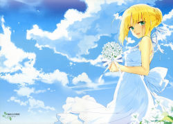 Rule 34 | 1girl, absurdres, ahoge, alternate costume, artoria pendragon (all), artoria pendragon (fate), bare shoulders, blonde hair, blush, bouquet, bow, cloud, day, dress, fate/stay night, fate (series), flower, green eyes, hair ornament, hair ribbon, hanabana tsubomi, highres, holding, looking at viewer, official art, ribbon, saber (fate), scan, short hair, sky, smile, solo, sundress
