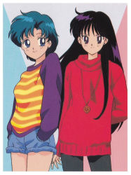 Rule 34 | 1990s (style), arm behind back, bishoujo senshi sailor moon, black eyes, black hair, blue eyes, blue hair, border, casual, cowboy shot, earrings, hands in pockets, highres, hino rei, jewelry, long hair, long sleeves, looking at viewer, mizuno ami, necklace, non-web source, official art, pants, pants rolled up, red sweater, retro artstyle, scan, short hair, shorts, smile, stud earrings, sweater
