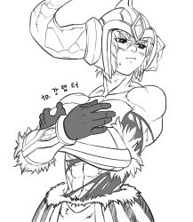 Rule 34 | 1girl, abs, armor, blush, breasts, cleavage, covering privates, covering breasts, female focus, gloves, greyscale, helmet, highres, horns, huge breasts, league of legends, monochrome, muscular, muscular female, ranger squirrel, sejuani, short hair, single horn, solo, torn clothes, translation request, white background